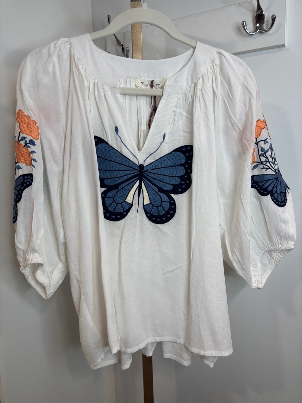 Solitaire White Peasant Blouse with Blue Butterfly Embroidery - Picture 2 of 7